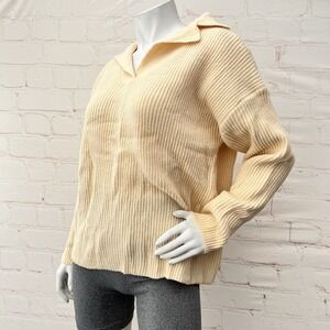 Women Collared V Neck Sweaters Solid Color Loose Knitted Beige Sweater Size L